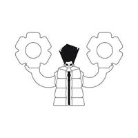 He grasps gears in his hands. Linear style. Vector illustration.