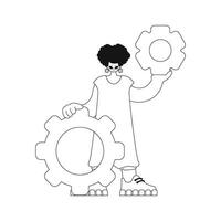 Girl with gears in hands linear vector illustration.