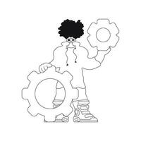 The man holds gears in their hands. linear vector illustration.