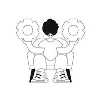 He holds gears in his hands, shown in a linear vector illustration.