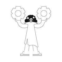 Girl holds gear gears in her hands in linear style. vector illustration.