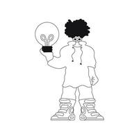 He holds a light bulb while embodying ideas in a linear styled vector illustration.