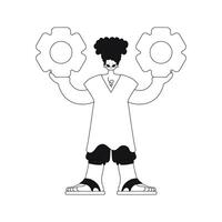 Man gripping gears in hands. Vector illustration in linear style.