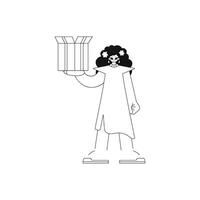 Girl carries box. Delivering package. Linear design. Vector image.