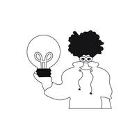 Man displaying lightbulb to represent ideas. linear style, vector illustration.