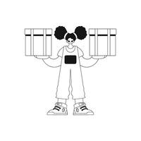 Girl holds box in their hands. Shipping package simple graphic style. illustration. vector
