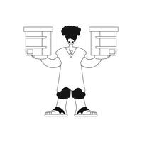 Man holds box. Parcel delivery. Linear illustration. vector