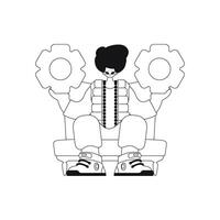 Man holds gears in hands. Linear style vector illustration.