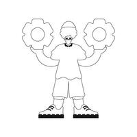 Man holds gears in hands. Linear illustration. vector