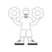 Man holds gears in hands. Linear vector illustration.