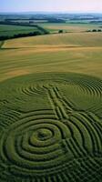 un pintura de campos con cosecha círculos generativo ai foto