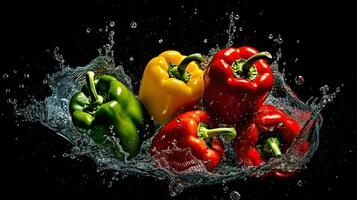 Bell peppers splashing in the water, AI Generated photo