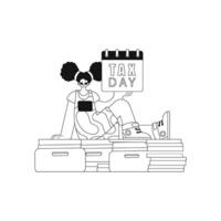Girl holds a tax day calendar on a pile of docs. Linear illustration. vector