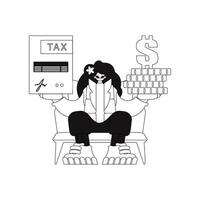 Girl holds tax return and a stack of coins in her hands. Illustration in linear vector style.