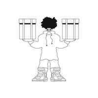 He holds a package. Delivery by a line. pic. vector