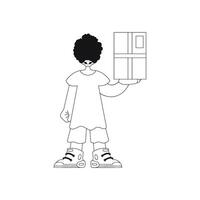 He grasps a box, delivering the parcel. linear illustration. vector