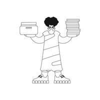 Girl stacking piles of documents. Linear illustration. vector