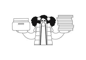 Girl holds stacks of documents. Linear style illustration. vector