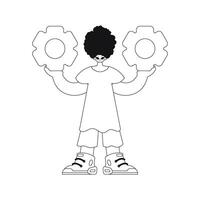 Man holds gears in hands linear illustration. vector