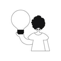 He holds a lightbulb. ideas concept in linear illustration. vector