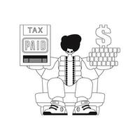 Guy holding a tax return and stack of coins. Linear vector illustration.
