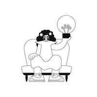 Girl holds light bulb, indicating ideas. Linear style, vector illustration.