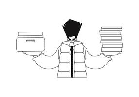 Man holds stacks of papers. Linear design. Vector art.