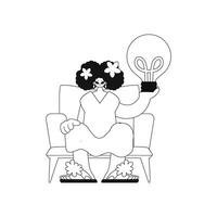 Girl holds bulb, symbolizing ideas. Linear, vector illust.