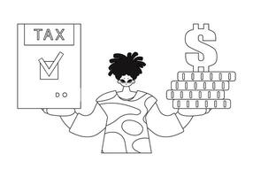 Guy holds tax return and stack of coins in hands. Vectored illustration. Linear style. vector