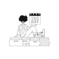 Guy sitting on stack of papers, calendar in hand. Tax time. Linear design. pic. vector
