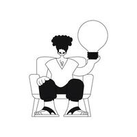 Man holds light bulb. Ideas concept. Linear style illustration. vector