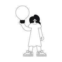 Girl grasps idea with lightbulb in hand. linear style vector illustration captures concept.