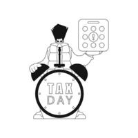Guy calendar and alarm clock. taxes due linear illustration. vector