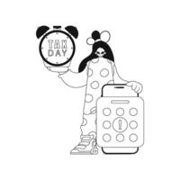 Girl holds calendar and alarm clock, symbolizing tax day. illustration in linear style. vector