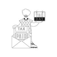 Man holds calendar and letter, taxes notification. Linear style, vector illustration.