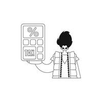 Man grips calculator in linear image. vector