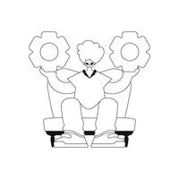 Man holding gears in hands. Illustration in linear and vector form.