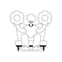 Man holding gears in hands. Illustration in linear and vector form.