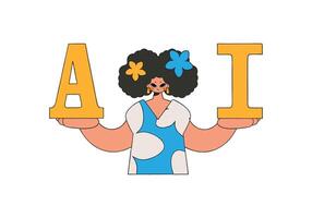 Illustration of a woman holding A and I in a style, representing an AI theme. vector