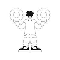 A man grips gears, linear pattern. picture. vector