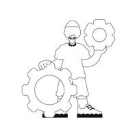 Man grasps gears in hands, linear style vector illustration.