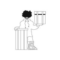 Man grasping a box. Shipping package. Adopting a line motif. Vector artwork.