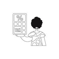 Man holds calculator. Linear illustration. vector