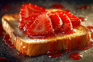 fresa tostada, macro Disparo de un Fresco desayuno con goteo Miel, ai generado foto