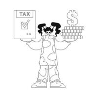 The girl holds tax return and a pile of coins in her hands. Created in a linear style. image. vector