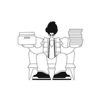 Guy holds stacks of papers in linear style. illustration. vector
