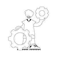 Man holds gears in his hands, vector illustration in linear style.