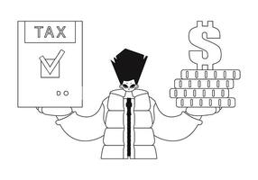 Guy holds tax return and stack coins in hands. Vector illustration.