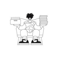 Guy holds many documents in linear style. vector