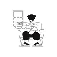 Man holds calculator. Linear style vector illustration.